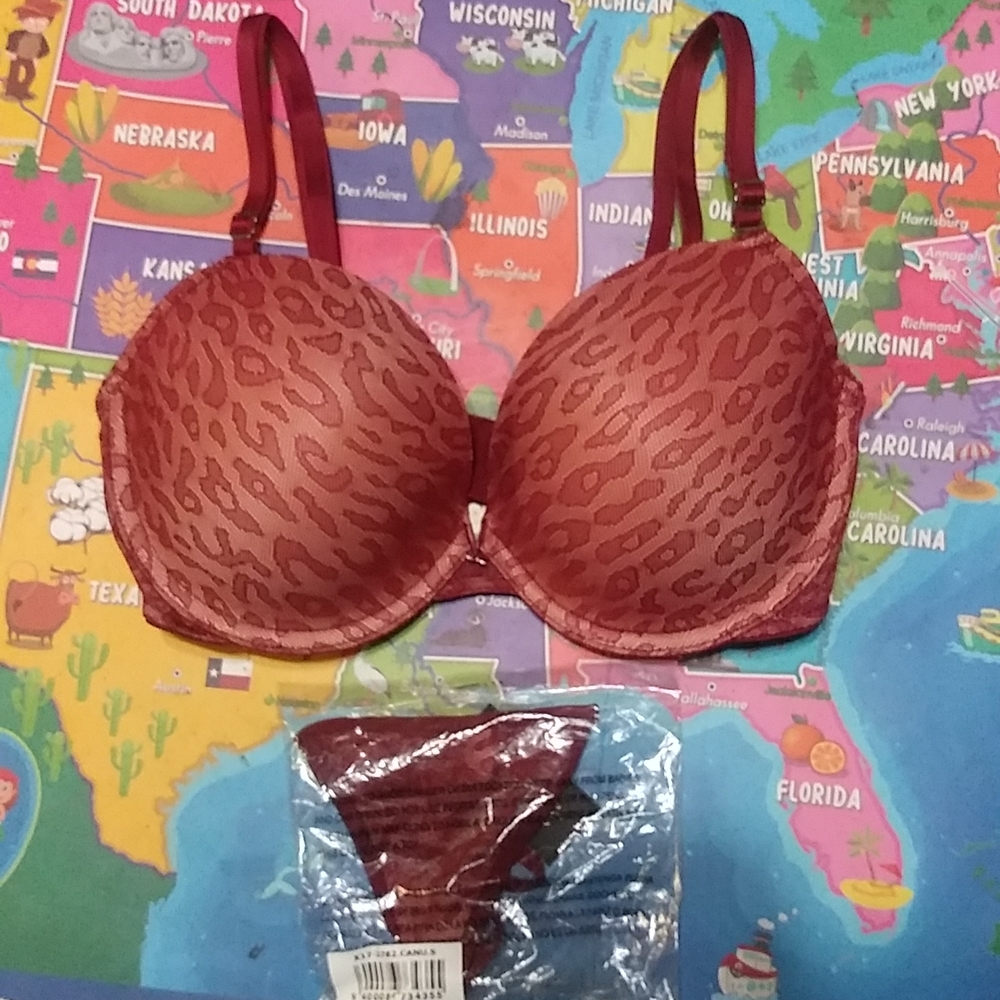 Fredrick's of Hollywood Burgundy Leopard Bra & Panty Set 32D & (S)